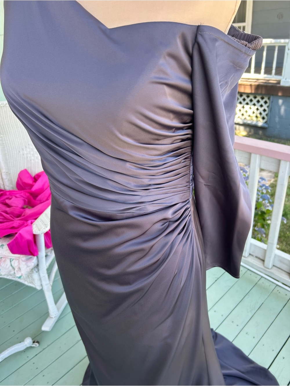 Elegant Off the Shoulder Evening Gown in Slate Gray - Picture 3 of 9